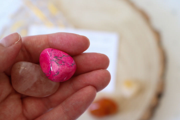 Thumbnail: Carnelian, citrine, rose quartz, and pink howlite crystals