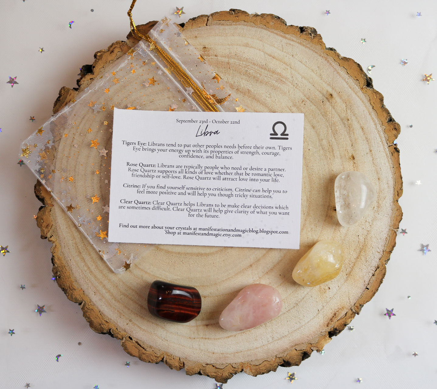 libra crystal kit with tigers eye, rose quartz, citrine and clear quartz healing crystals