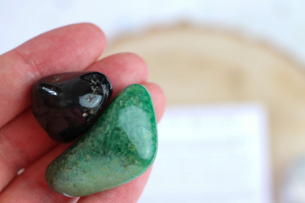 Thumbnail: black onyx, green quartz, howlite, and smoky quartz crystals