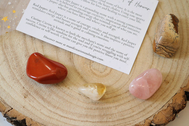red jasper, picture jasper, rose quartz, and citrine crystals
