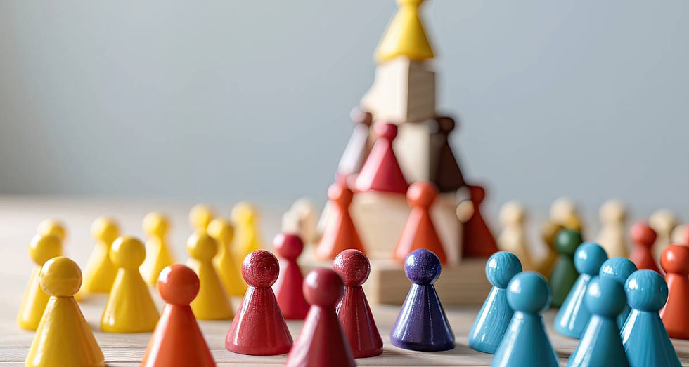 Teamwork and collaboration represented by meeple working together to reach a summit