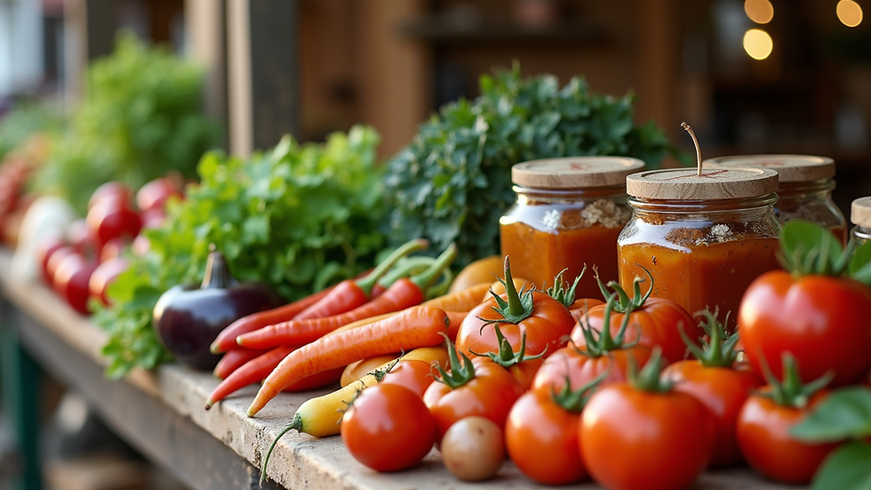 Close-up view of a rustic farmers’ market stall with fresh vegetables and homemade preserves