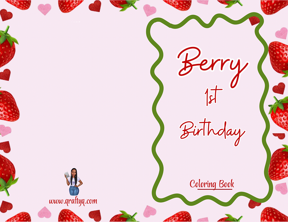 Thumbnail: Berry 1st Birthday coloring book cover with strawberries, hearts and space for personalization