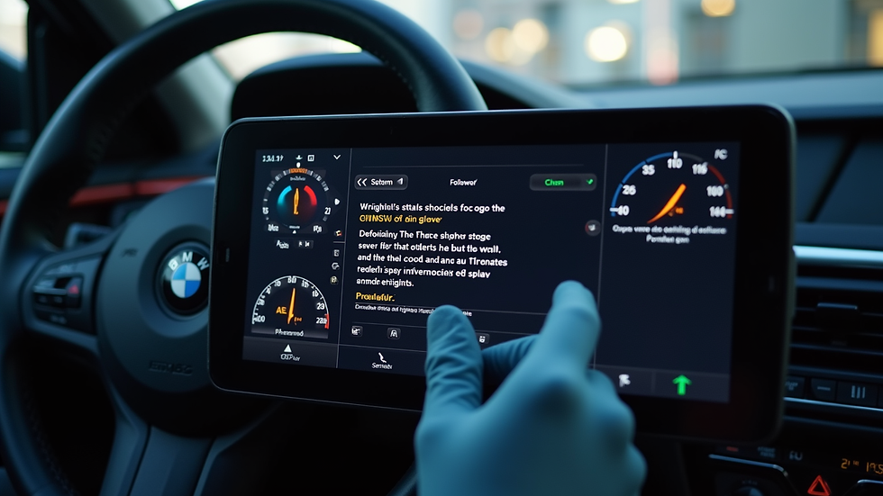 Eye-level view of professional diagnostic tool screen showing BMW fault codes