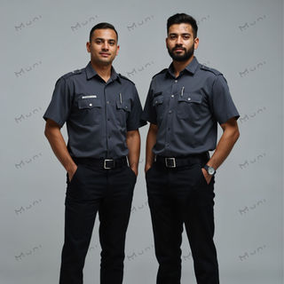 Two security professionals in dark grey uniforms, reflecting a corporate security dress code.