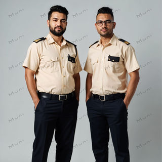 Private security guards in cream-colored shirts and black pants, representing classic security attire.