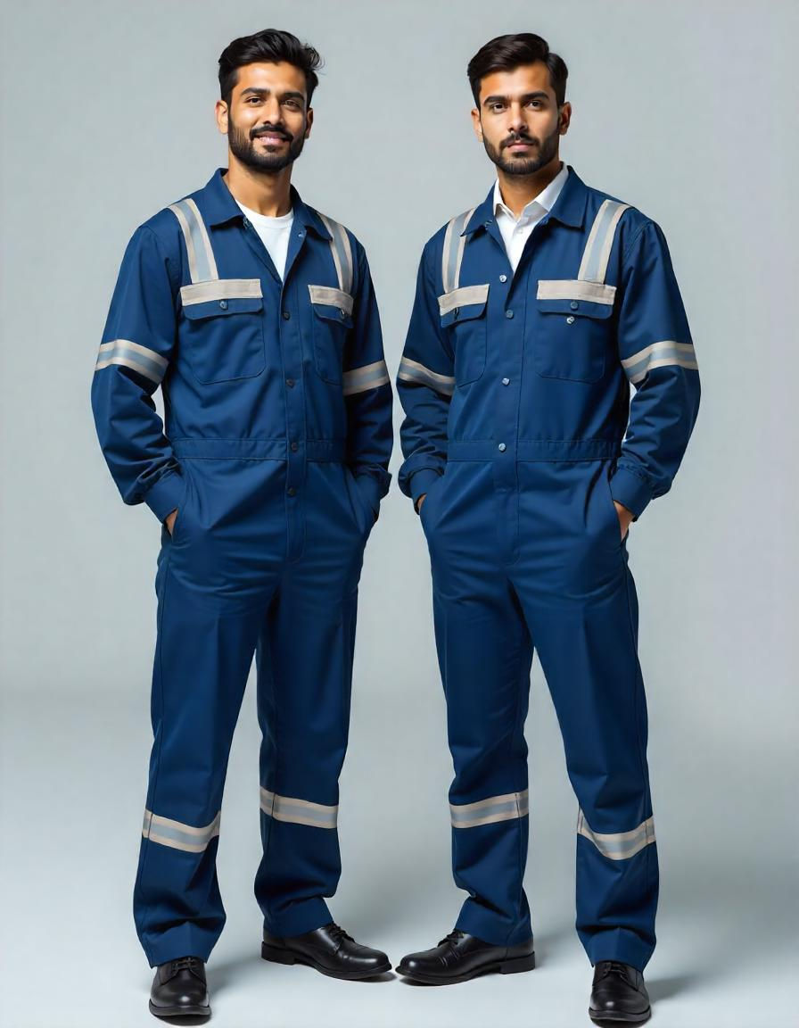 2 men wearing industrial Uniforms in blue colour with reflective tape.