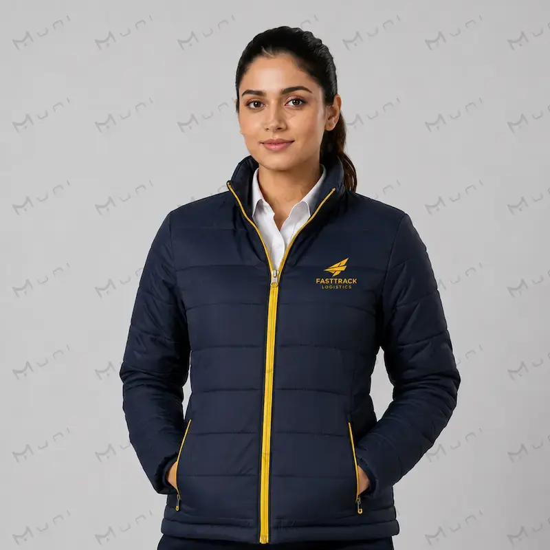 Custom Navy Orange softshell jacket for women India — corporate uniform | MUNI