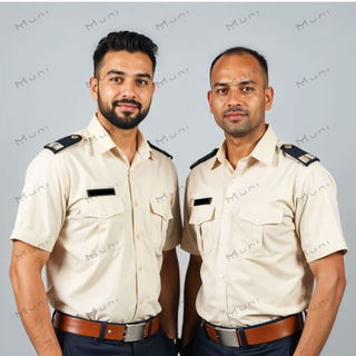 Cream security uniform with black epaulettes for a polished private guard appearance.