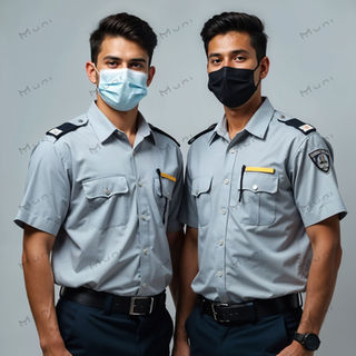 Security guards in grey uniforms wearing masks, ideal for health-compliant security attire.