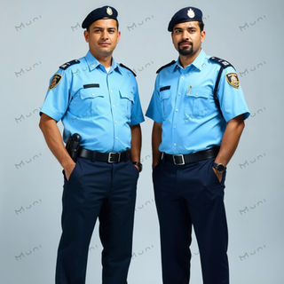 
Male guards in light blue shirts with badges and belts, showing government security styling.