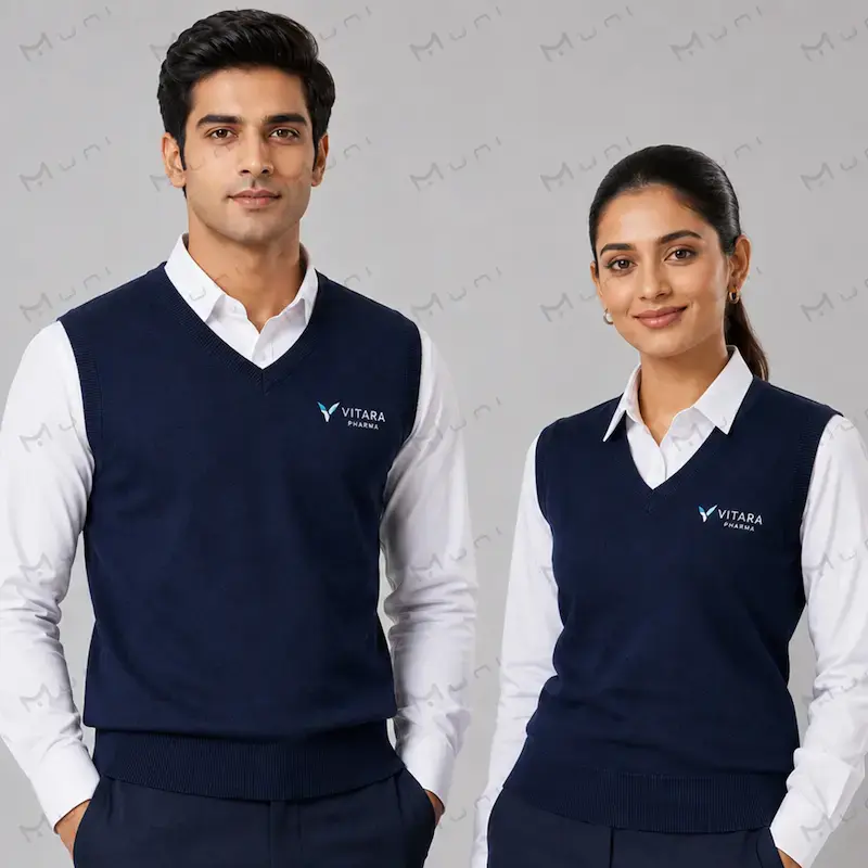 Navy sleeveless sweater vest men & women India — office uniform | MUNI Uniforms