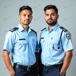 Duo of security personnel in modern sky blue uniforms with shoulder patches.