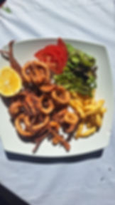 Fried calamari, tomato, lemon, salad, and french fries; Το Εστιατόριο μας, Nostos.