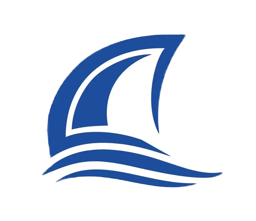 Μπλε λογότυπο με ιστιοφόρο, γραμμές και κυματιστό σχέδιο, σήμα κατατεθέν Nostos.