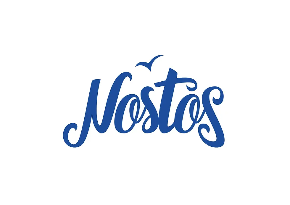 Νόστος, blue script logo with a small bird, simple elegant design, Nostos brand