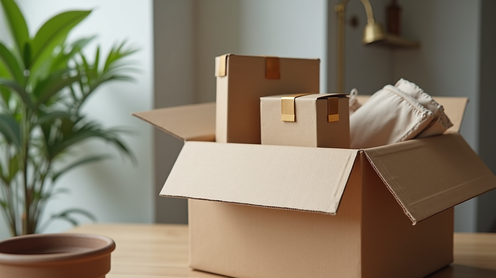 Close-up view of a delivery box with online shopping items