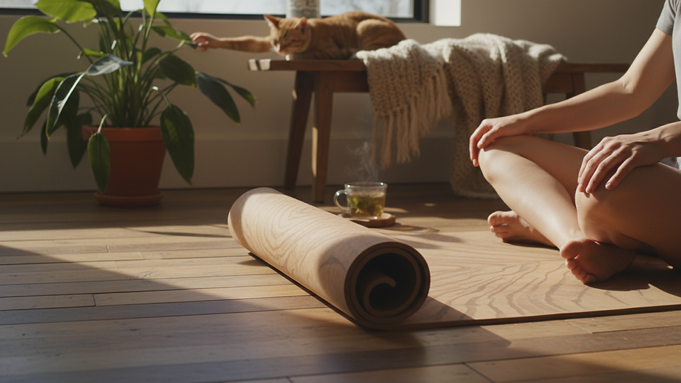 Close-up of a natural rubber yoga mat on a wooden floor