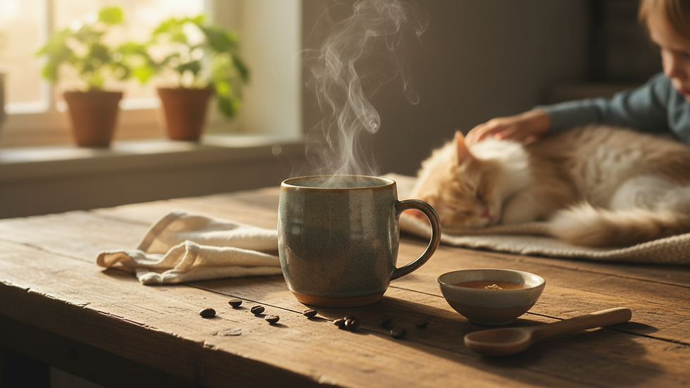 Close-up van een dampende kop koffie op een houten tafel
