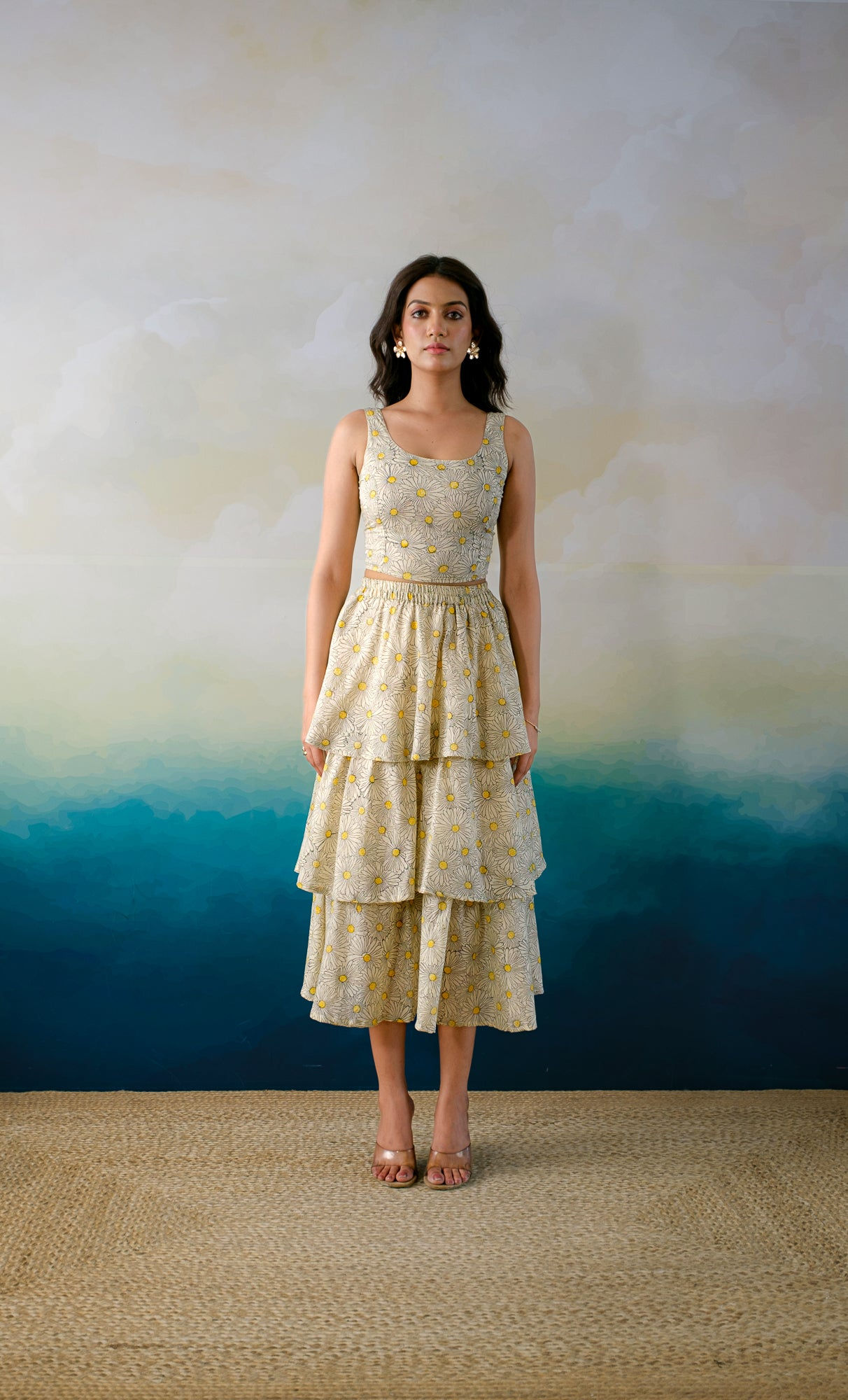 Copacabana Breeze – Hand Block Printed Cotton Tiered Skirt Set -Daisy Dream
