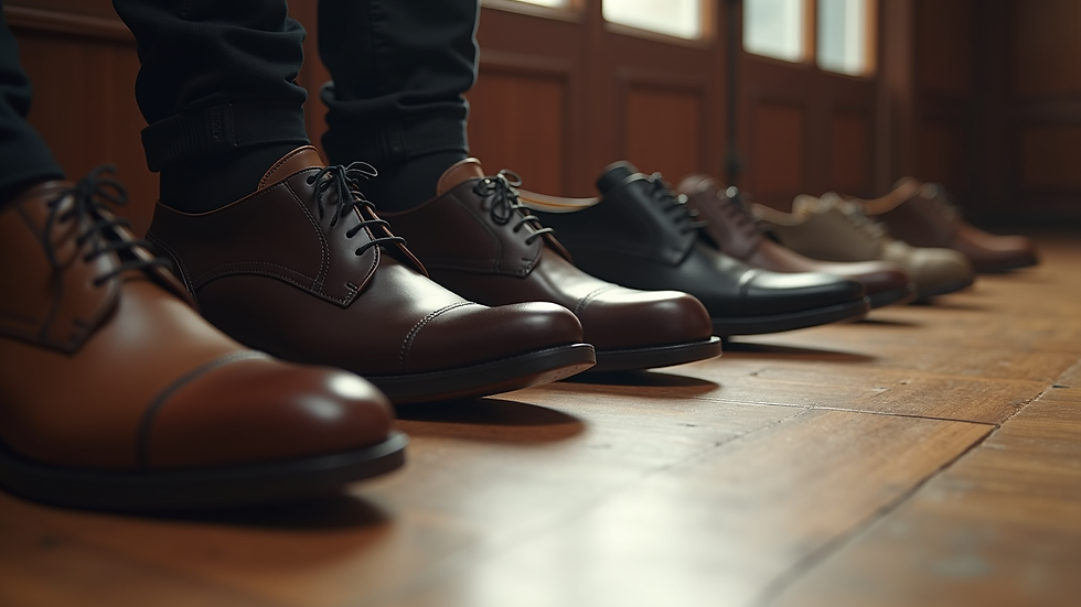close-up of men's shoes arranged neatly on a wooden floor