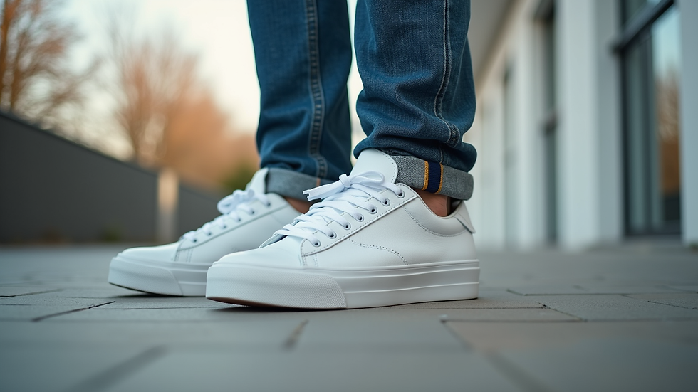 eye-level view of casual men's outfit with white sneakers and jeans