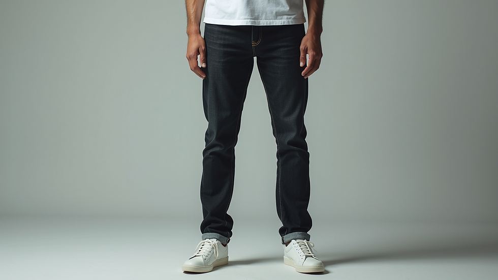 close-up of a man wearing a casual outfit with a white shirt, dark jeans, and white sneakers
