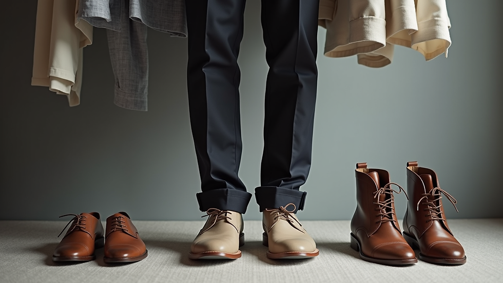 eye-level view of a minimalist men's wardrobe with shirts, pants, and shoes neatly arranged