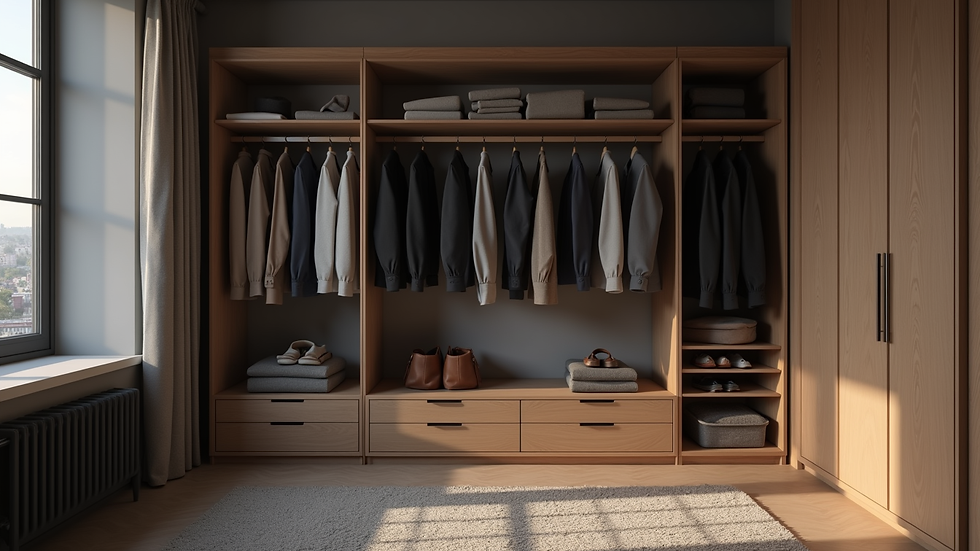 eye-level view of a minimalist men's wardrobe with neatly arranged clothes