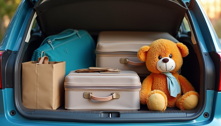 Nahaufnahme eines vollgepackten Kofferraums mit Reisetaschen und Spielzeug für Kinder