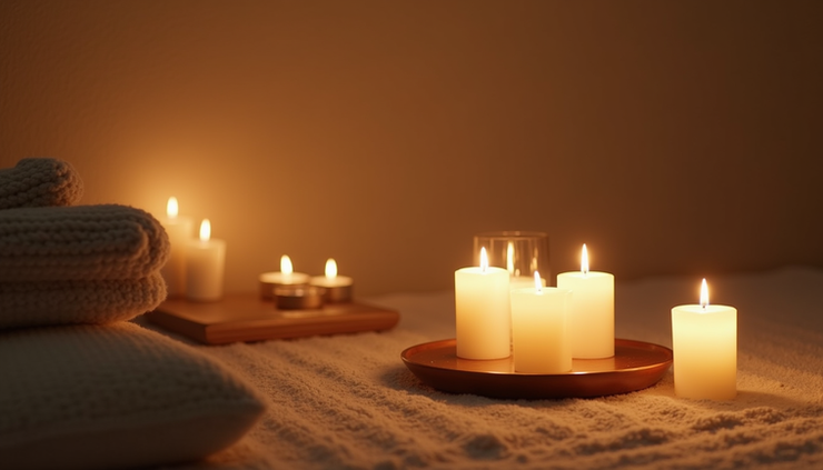 Nahaufnahme eines ruhigen Meditationsraums mit Kerzen und Hypnoseausrüstung