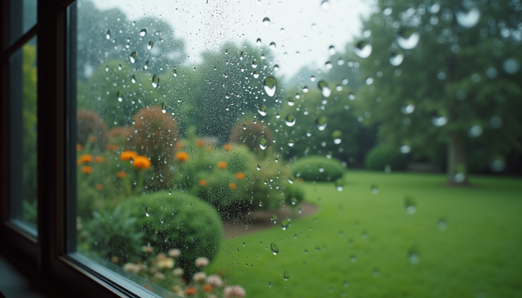 Nahaufnahme eines Fensters mit Regentropfen, Blick auf einen ruhigen Garten im Hintergrund