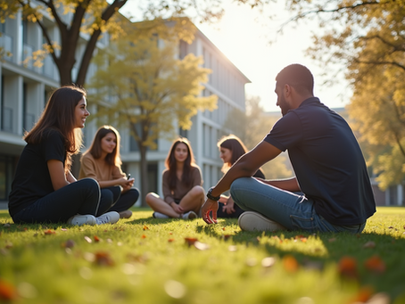 Five people sitting in some grass on a sunny day outside an institutional building