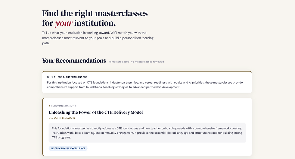 Masterclass Recommender tool homepage