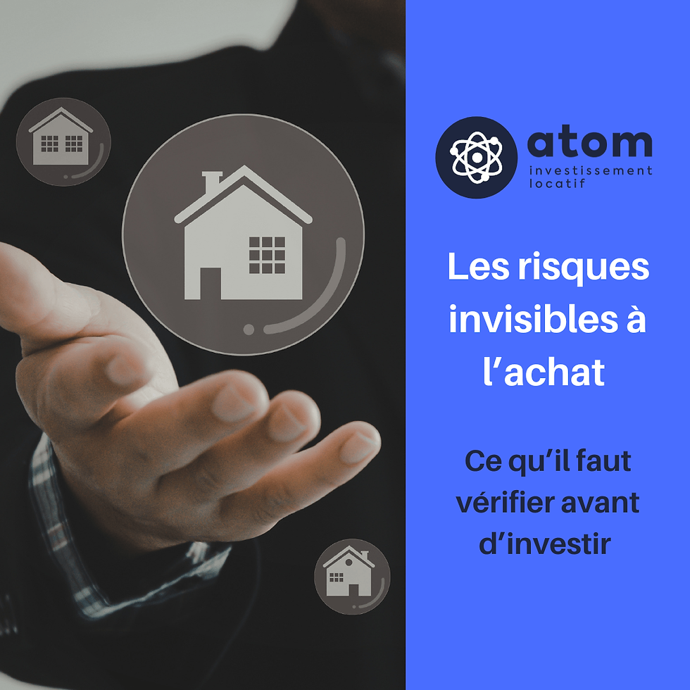 Visuel illustrant l'article "Les risques invisibles à l'achat, ce qu'il faut vérifier avant d'investir", avec une main tendue vers une icône de maison, aux couleurs atom investissement locatif.