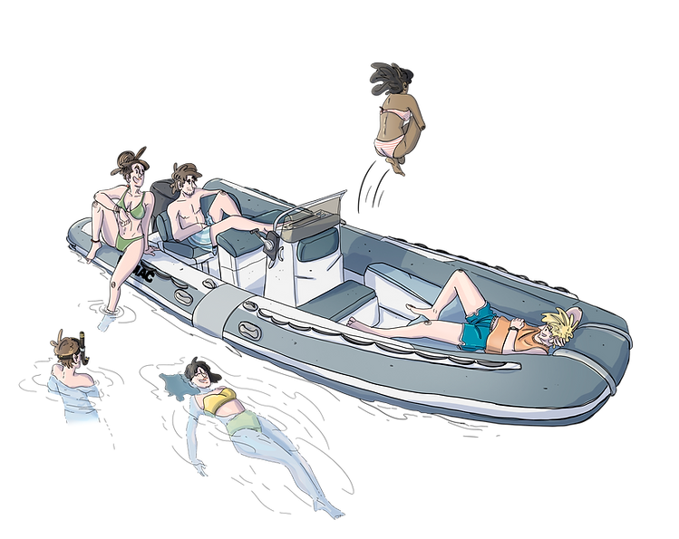 Disegno di persone in gommone che si godono una giornata di vacanza al mare