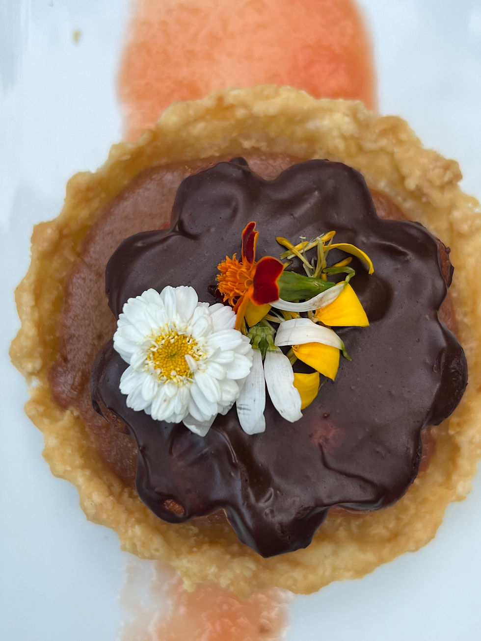 Plant-based dessert with edible flowers created by Vegan Chef Wendy of Catskill Catering