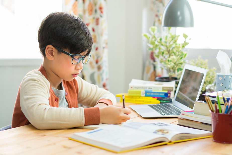 A smart preteen boy sitting at the table, writing homework or preparing for the exam. Teen