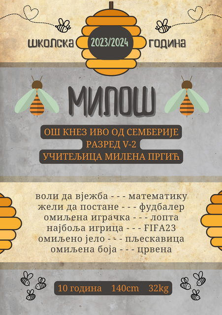 Мед. Пчеле. Полазак у школу. Вртић. Школарац. Успомена.