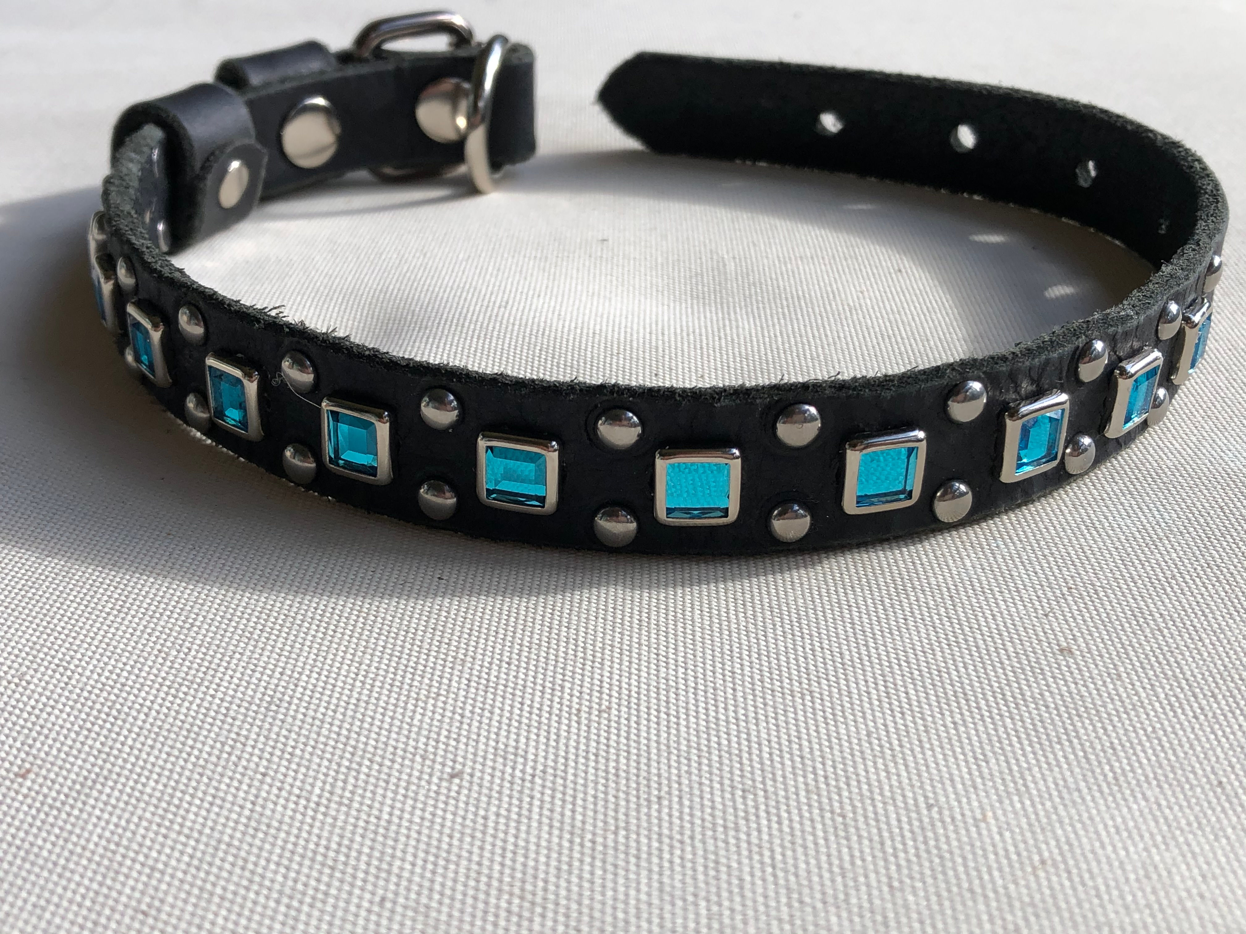 Custom black leather dog collar with dome studs and square turquoise crystals, handcrafted for stylish pets
