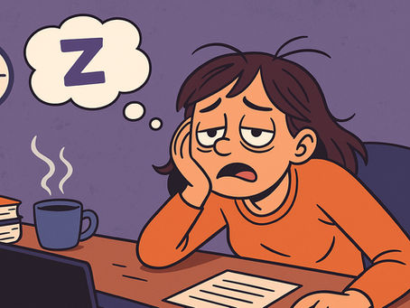 A tired person sitting at the desk with coffee and thinking about sleep while working.