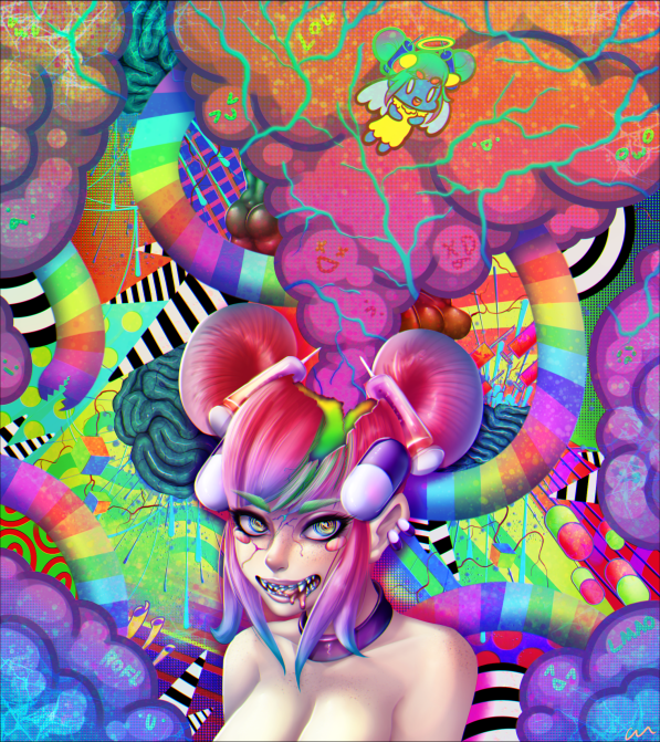 Caethan Raley is a graphic artist who specializes in works centered around body horror and the female form. Inspired by the horror movies they were raised on in their youth, they’re constantly striving to improve their craft by testing the limits of what their imagination can create. Having experience in a variety of media ranging from canvas to 3d-models, Caethan likes to practice and experiment with all forms of medium.