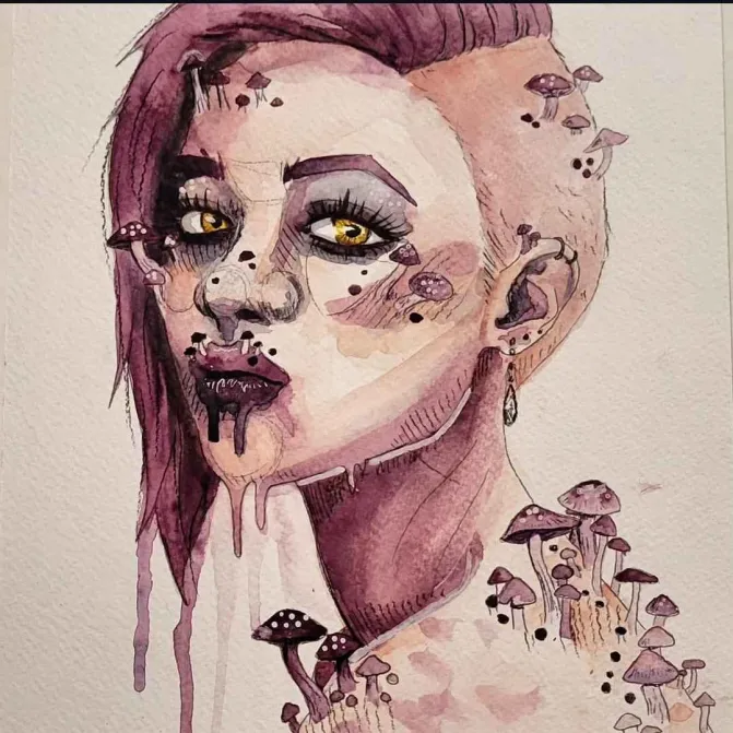 Affectionately dubbed "Cottage-Gore Barbie" by one of her loves, Charli's art showcases an appreciation of blood, bondage, and femininity. Her work often features portraits of fem bodies bound and suspended in shades of pink, interspersed with blood, bones, and florals. Many of her bondage portraits are based on reference photos taken of her own rope partners from personal scenes. Charli specializes in traditional media, particularly colored pencil, ink, and watercolor, with each medium highlighting a different aspect of her unique style. Her art style reflects her own personality and desire, an inherent darkness and sadism seen through a soft, aesthetic, feminine gaze. The greatest joy in sharing her work with the world is meeting others who identify with and feel seen through her creations in some way, and having an opportunity to feel seen herself.