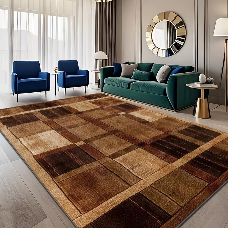 Brown checkered luxury floor mat in a modern living room.