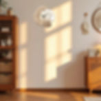Modern wooden moon wall clock in a sunlit room.