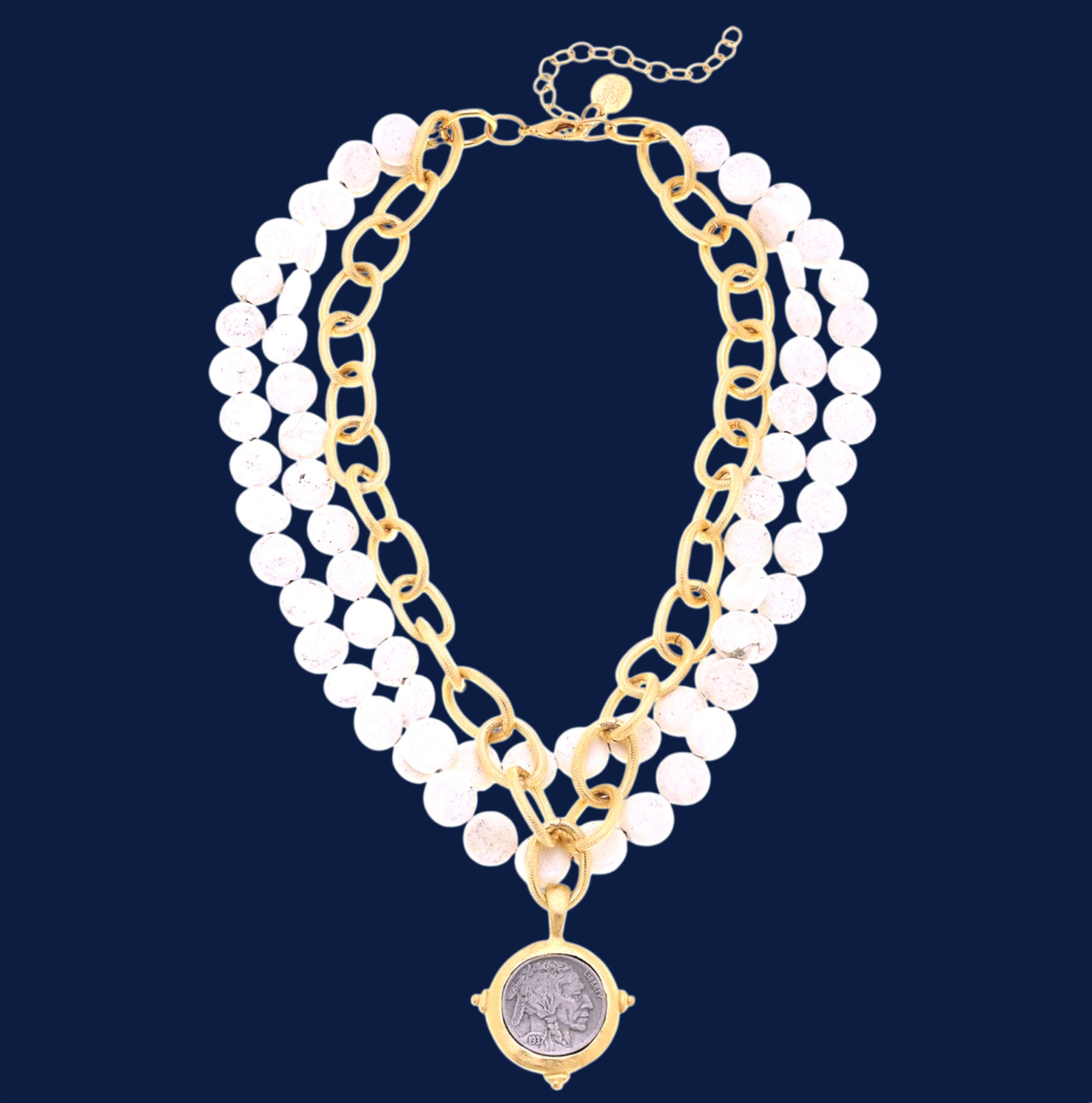 Susan Shaw American Indian Head Multi Strand White Turquoise Coin Necklace