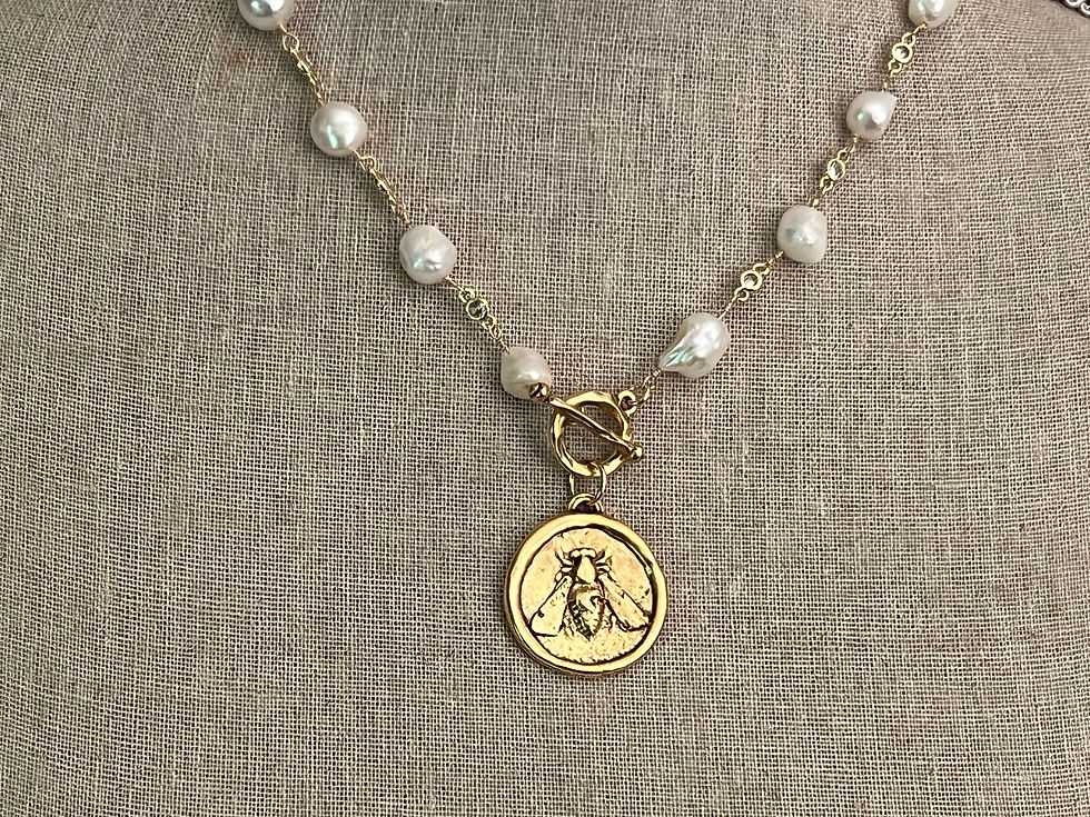 Thumbnail: VB & Co Bee Crown Intaglio Front Toggle Pearl Crystal Necklace Jewelry