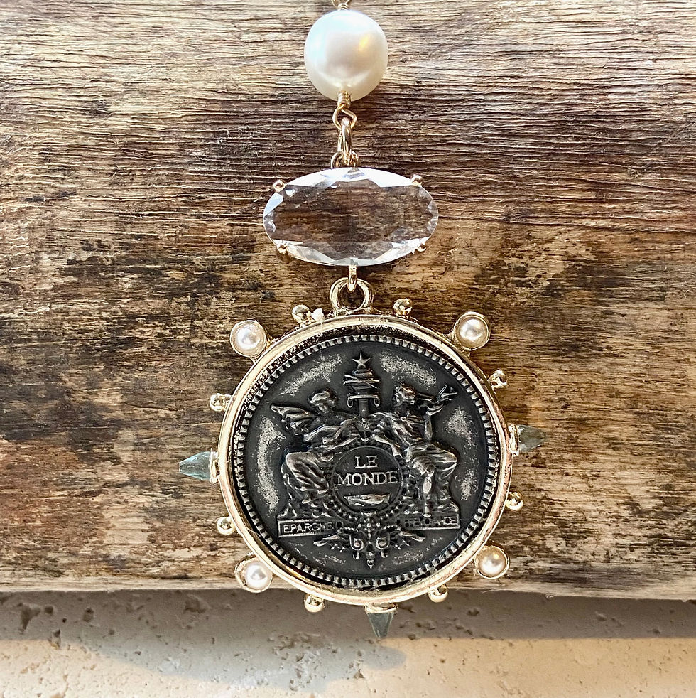 Thumbnail: VB & Co French Coin Medallion Long Paperclip Chain Necklace Jewelry