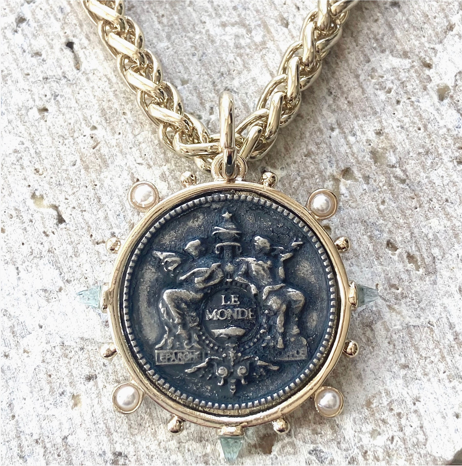 VB & Co French Le Monde Coin Intaglio Crystals Necklace Jewelry