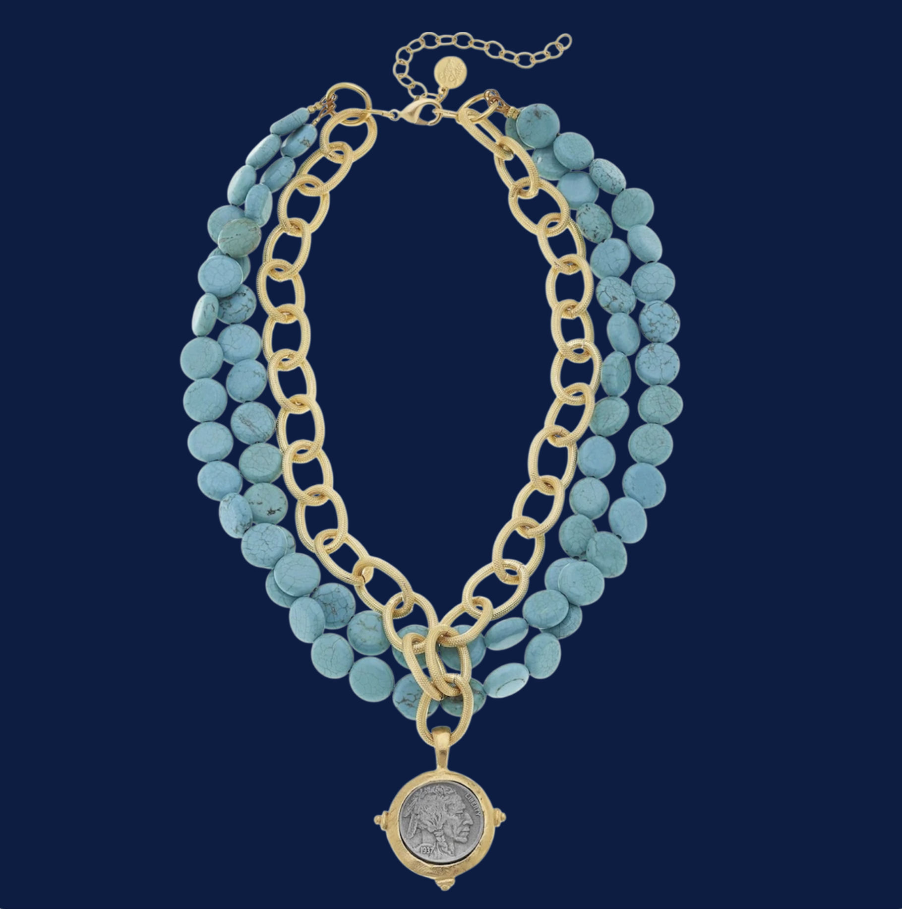 Susan Shaw  American Indian Head Multi Strand Turquoise Coin Neckla